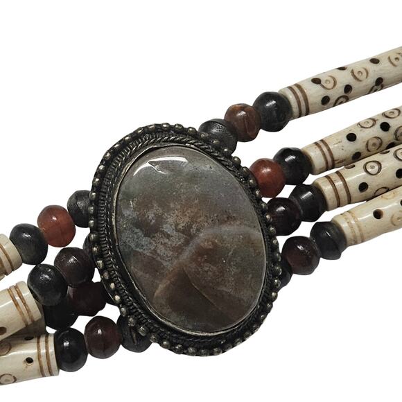 Natural Stone Bohemian Cabachon Concha Belt Carved Bone Beads Four Strands Small - Picture 7 of 12